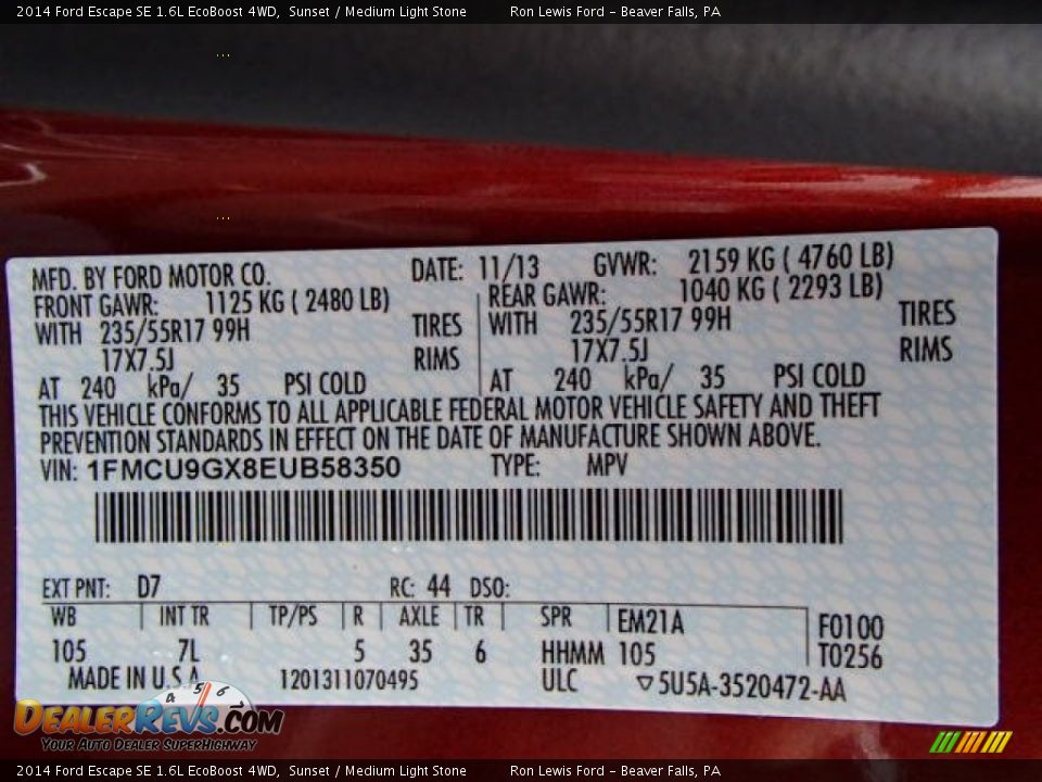2014 Ford Escape SE 1.6L EcoBoost 4WD Sunset / Medium Light Stone Photo #20