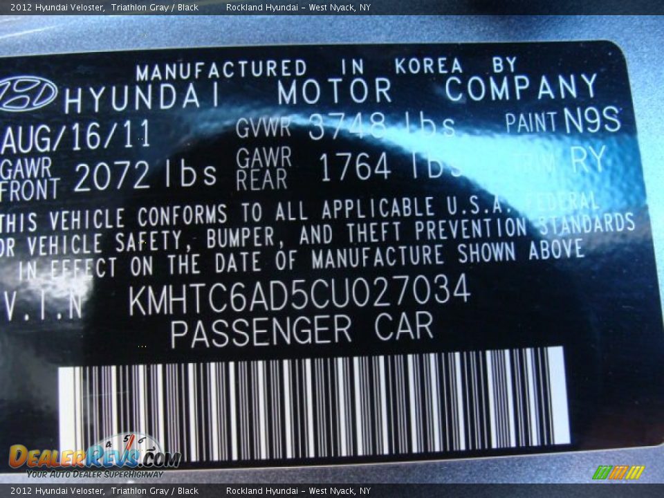 2012 Hyundai Veloster Triathlon Gray / Black Photo #29