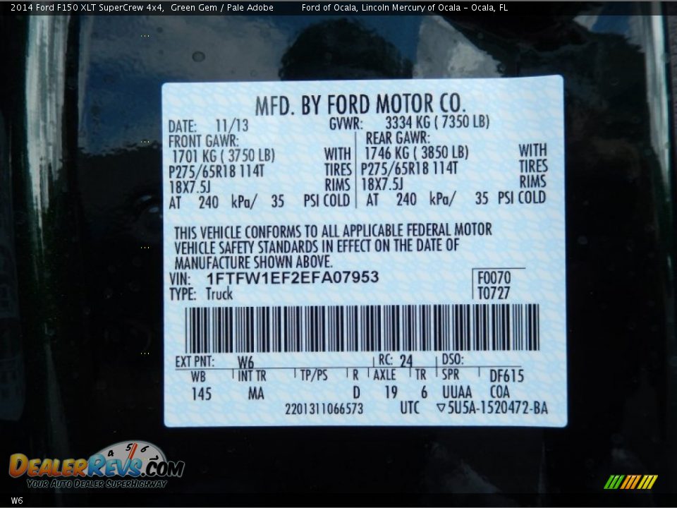 Ford Color Code W6 Green Gem