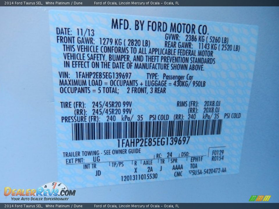 2014 Ford Taurus SEL White Platinum / Dune Photo #12