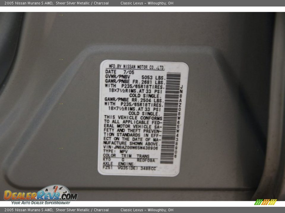 2005 Nissan Murano S AWD Sheer Silver Metallic / Charcoal Photo #18