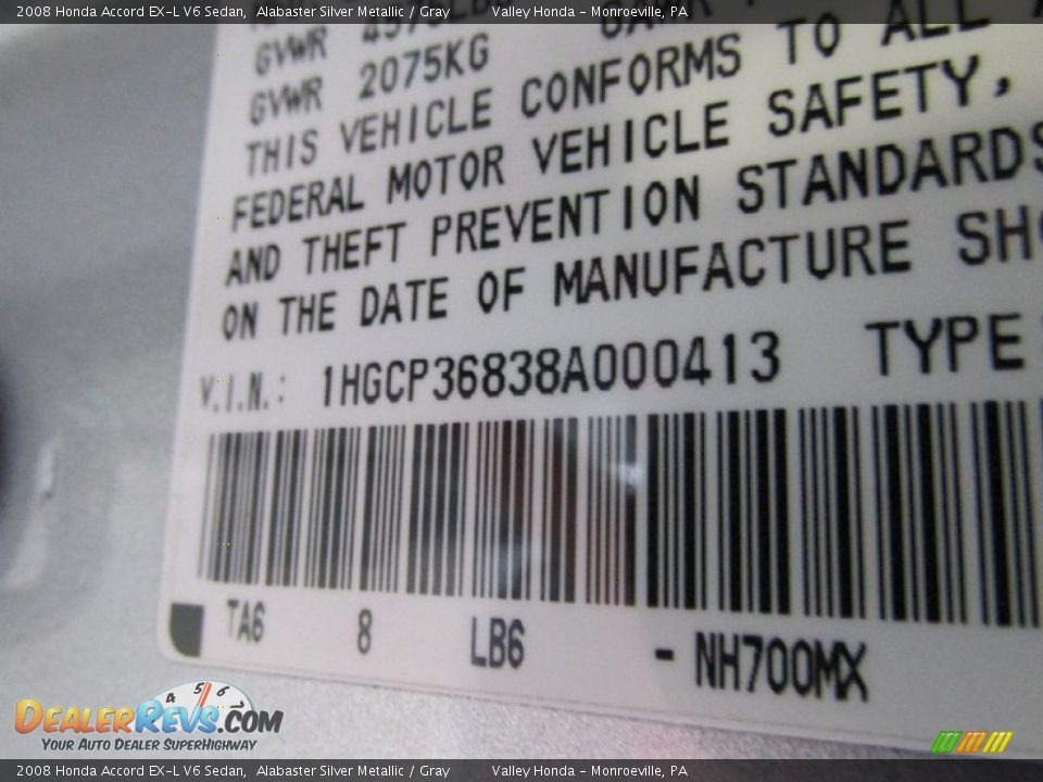 2008 Honda Accord EX-L V6 Sedan Alabaster Silver Metallic / Gray Photo #14