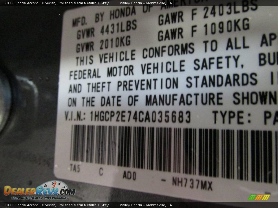 2012 Honda Accord EX Sedan Polished Metal Metallic / Gray Photo #14