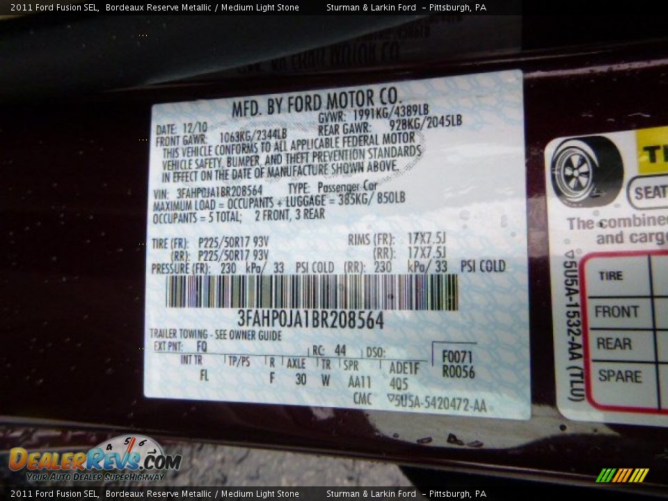 2011 Ford Fusion SEL Bordeaux Reserve Metallic / Medium Light Stone Photo #14