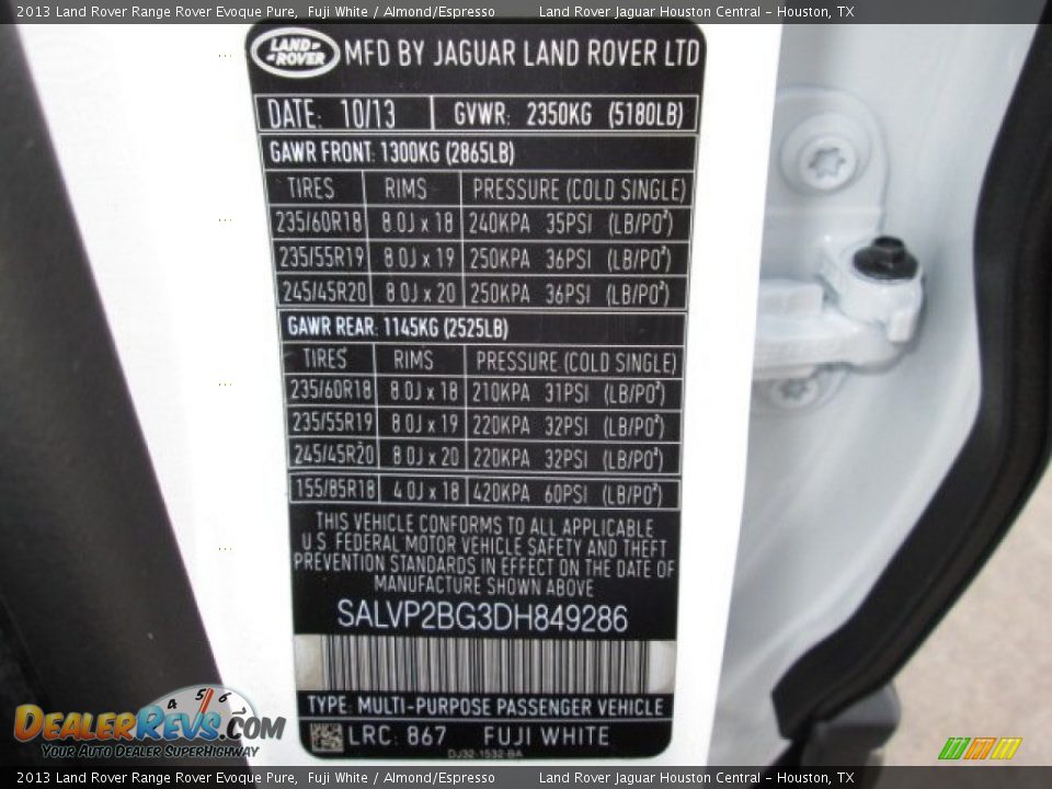 2013 Land Rover Range Rover Evoque Pure Fuji White / Almond/Espresso Photo #21