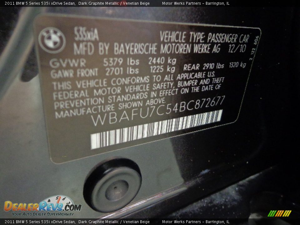 2011 BMW 5 Series 535i xDrive Sedan Dark Graphite Metallic / Venetian Beige Photo #17