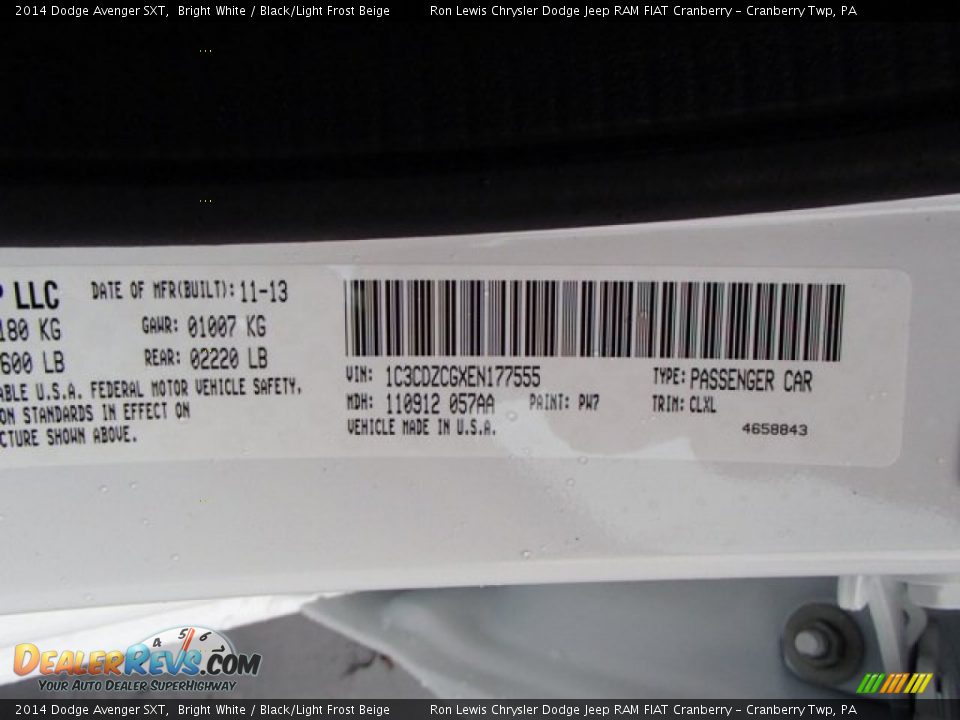 2014 Dodge Avenger SXT Bright White / Black/Light Frost Beige Photo #20