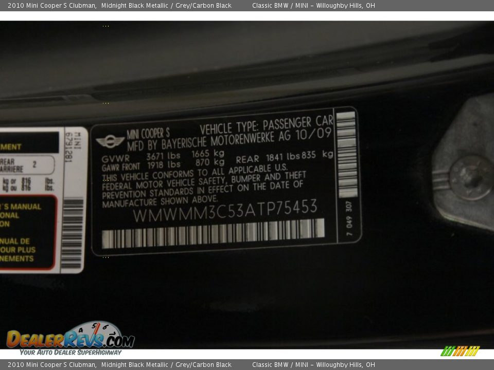 2010 Mini Cooper S Clubman Midnight Black Metallic / Grey/Carbon Black Photo #23