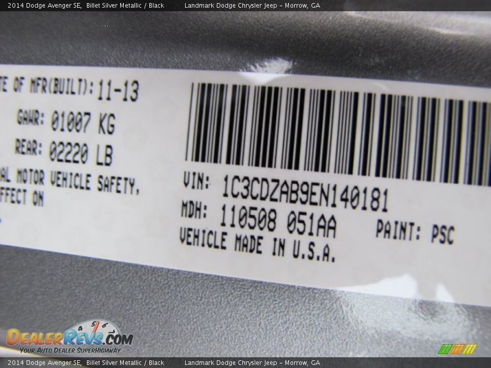2014 Dodge Avenger SE Billet Silver Metallic / Black Photo #10