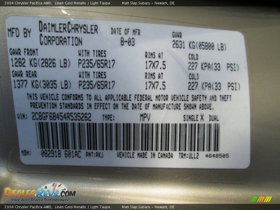 2004 Chrysler Pacifica AWD Linen Gold Metallic / Light Taupe Photo #30