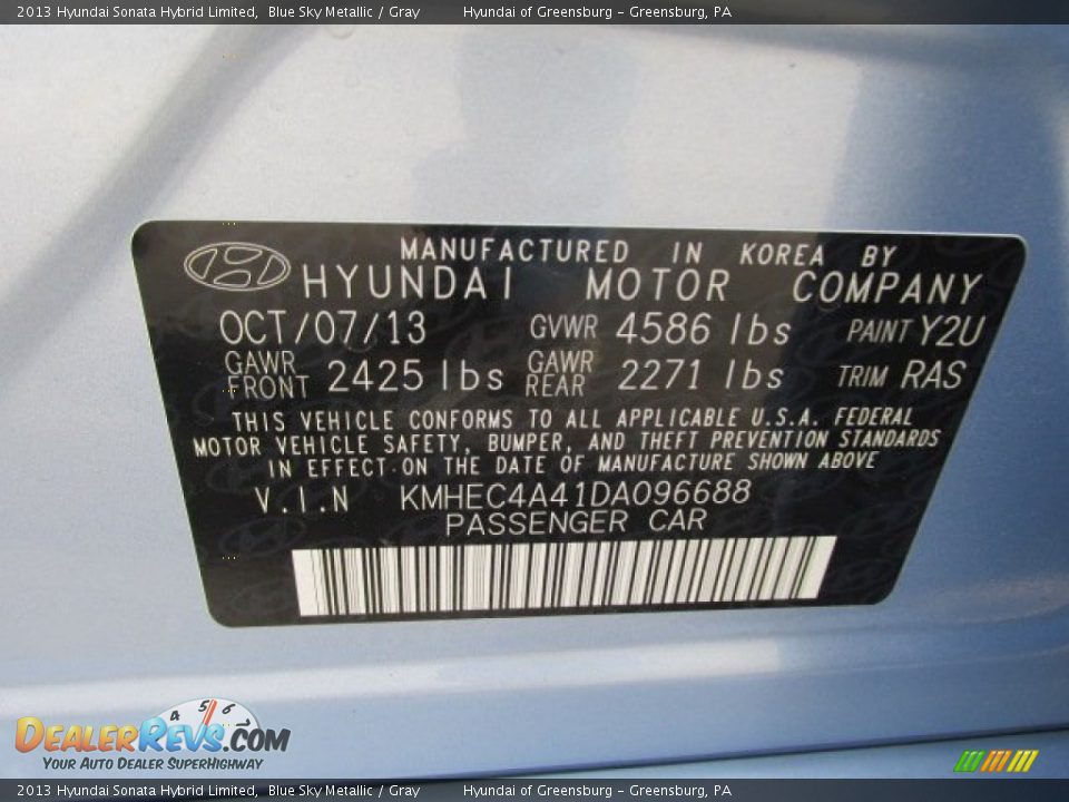 2013 Hyundai Sonata Hybrid Limited Blue Sky Metallic / Gray Photo #20