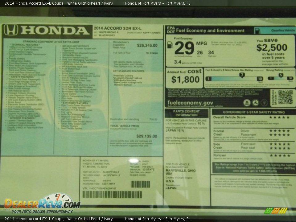 2014 Honda Accord EX-L Coupe White Orchid Pearl / Ivory Photo #6