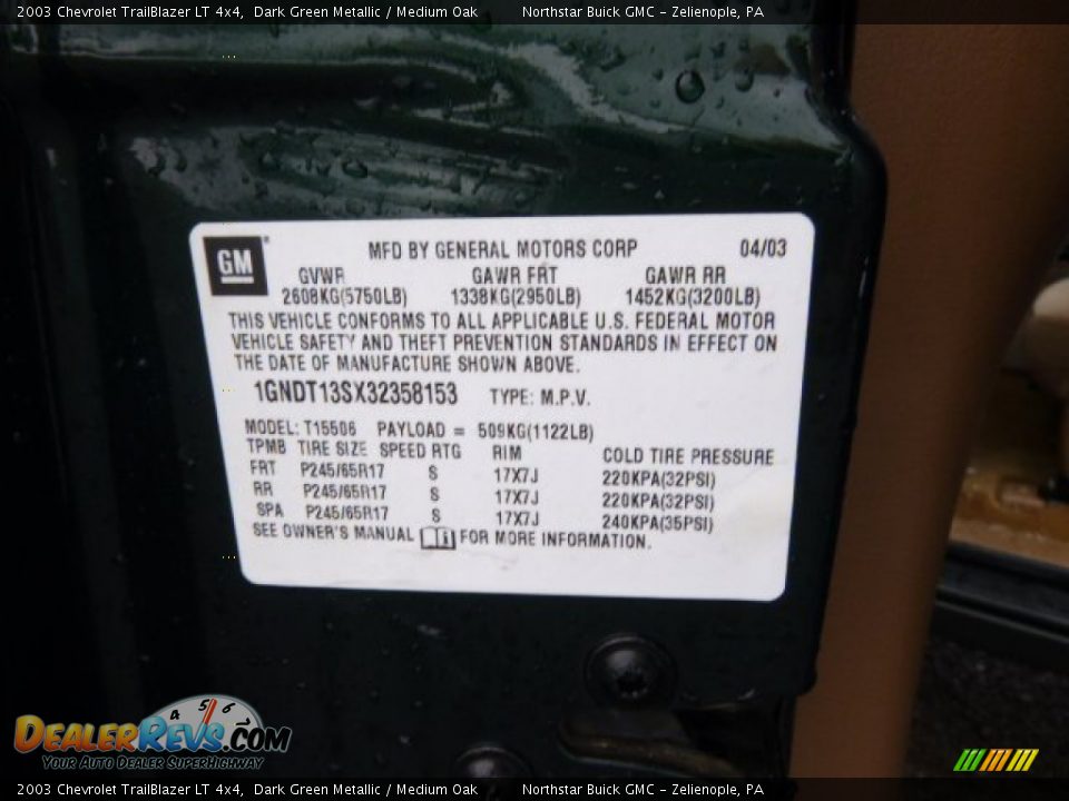 2003 Chevrolet TrailBlazer LT 4x4 Dark Green Metallic / Medium Oak Photo #15