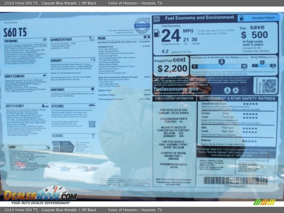 2014 Volvo S60 T5 Caspian Blue Metallic / Off Black Photo #32