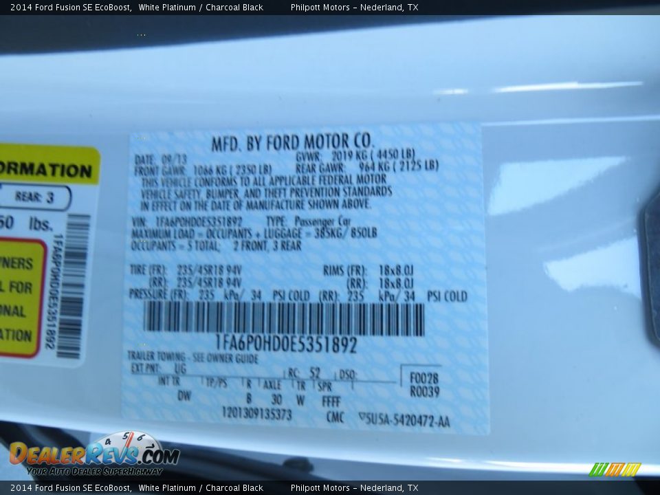 2014 Ford Fusion SE EcoBoost White Platinum / Charcoal Black Photo #34