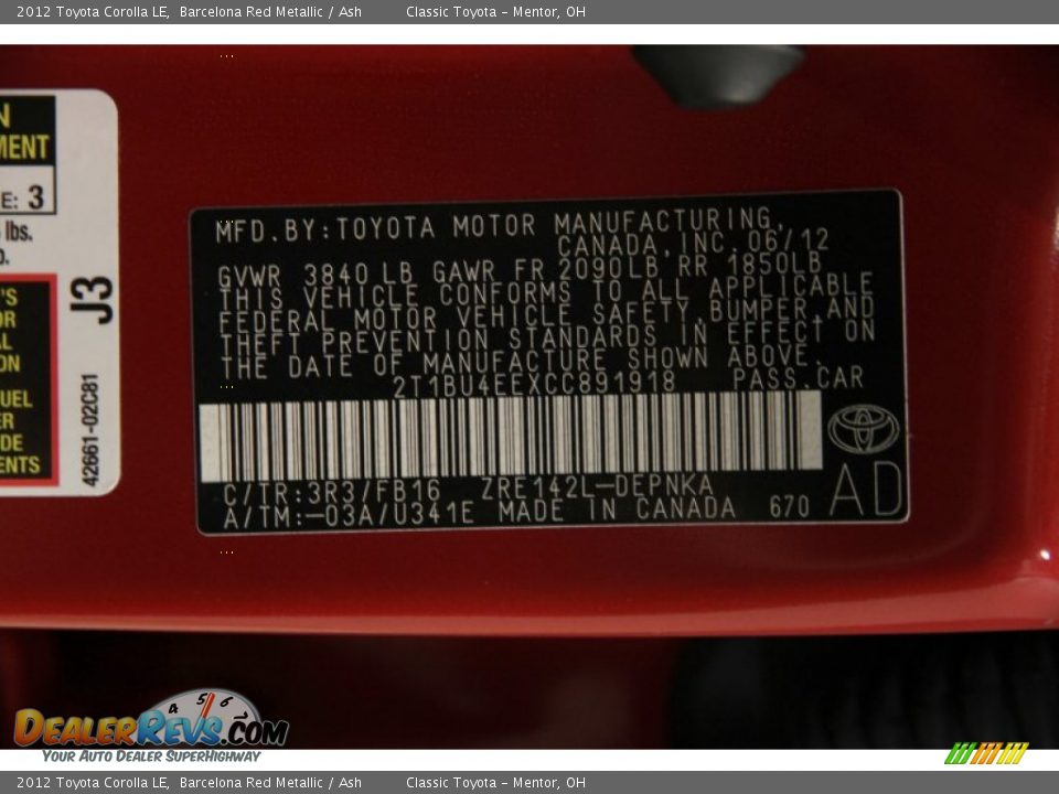 2012 Toyota Corolla LE Barcelona Red Metallic / Ash Photo #16