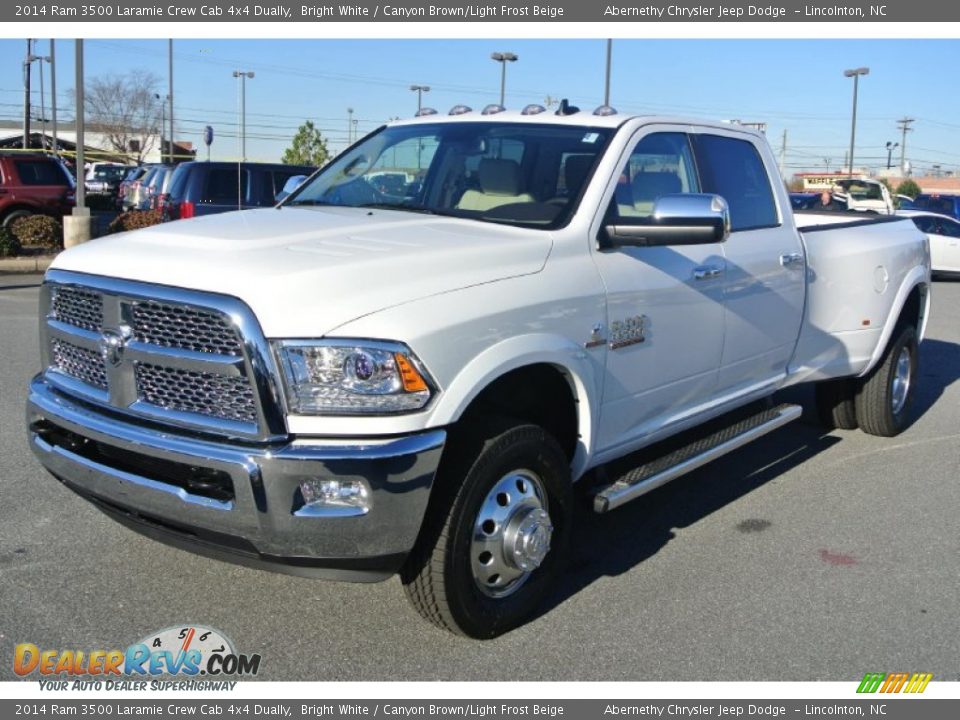 2014 Ram 3500 Laramie Crew Cab 4x4 Dually Bright White / Canyon Brown/Light Frost Beige Photo #1