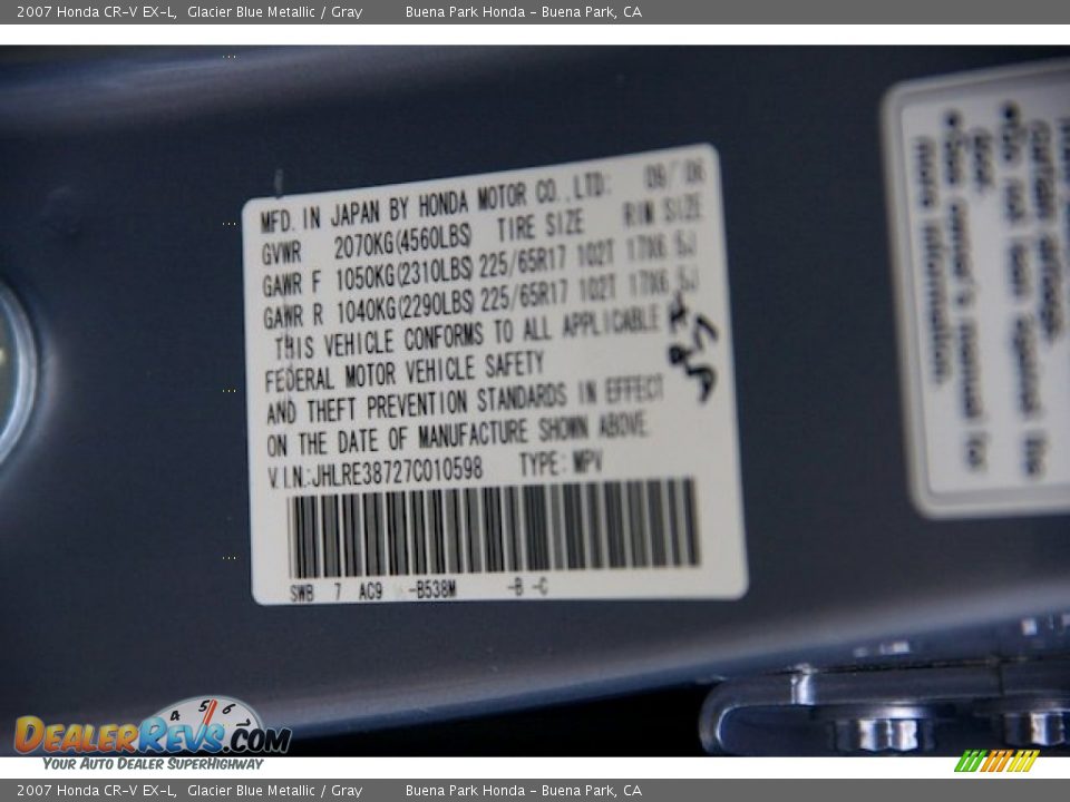 2007 Honda CR-V EX-L Glacier Blue Metallic / Gray Photo #34