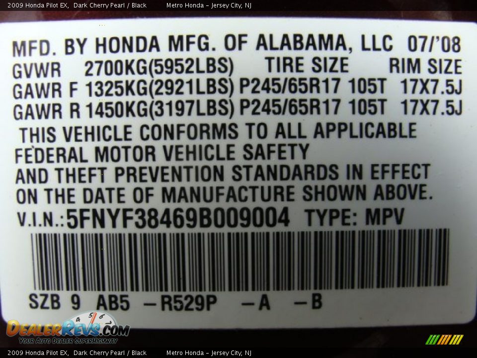 2009 Honda Pilot EX Dark Cherry Pearl / Black Photo #16