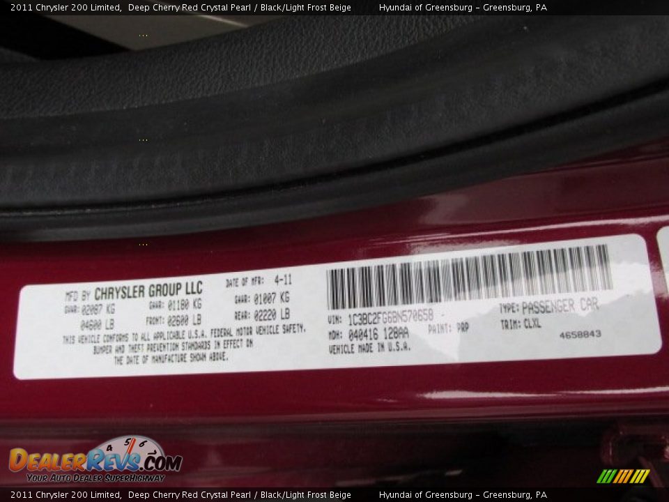 2011 Chrysler 200 Limited Deep Cherry Red Crystal Pearl / Black/Light Frost Beige Photo #24
