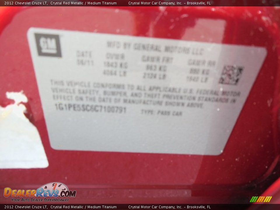 2012 Chevrolet Cruze LT Crystal Red Metallic / Medium Titanium Photo #22