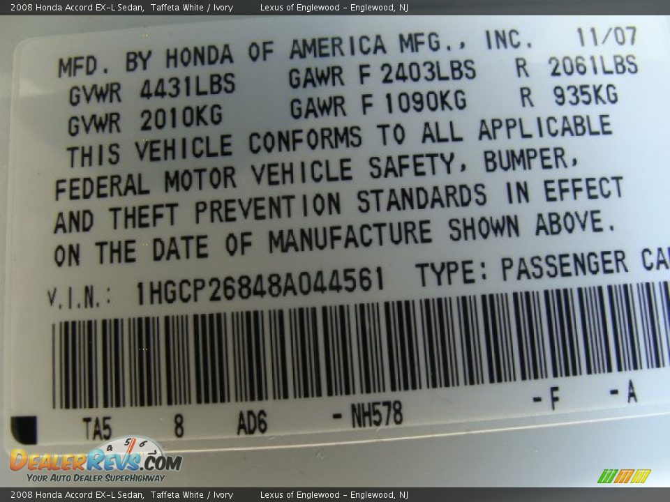 2008 Honda Accord EX-L Sedan Taffeta White / Ivory Photo #23