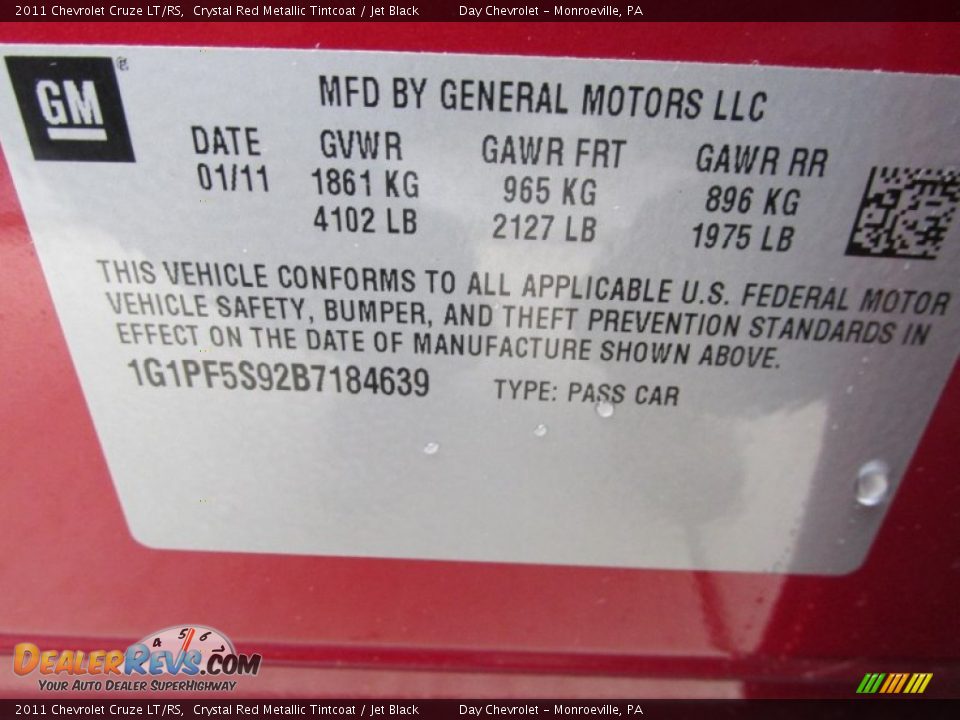 2011 Chevrolet Cruze LT/RS Crystal Red Metallic Tintcoat / Jet Black Photo #19