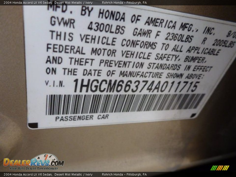 2004 Honda Accord LX V6 Sedan Desert Mist Metallic / Ivory Photo #25