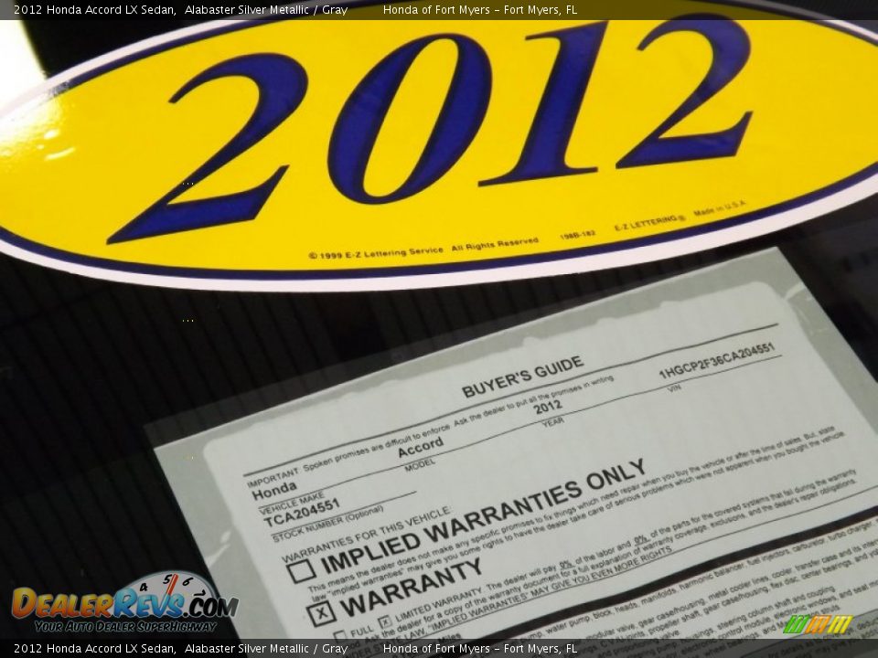 2012 Honda Accord LX Sedan Alabaster Silver Metallic / Gray Photo #6