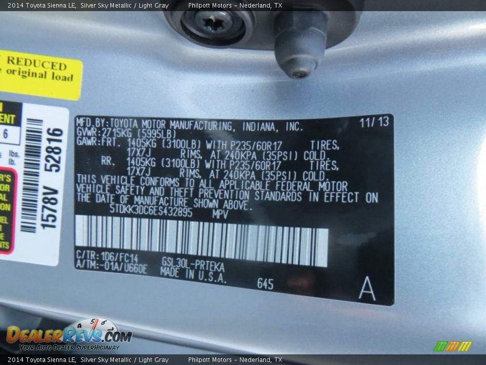 2014 Toyota Sienna LE Silver Sky Metallic / Light Gray Photo #35