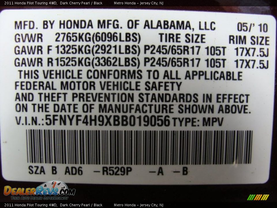 2011 Honda Pilot Touring 4WD Dark Cherry Pearl / Black Photo #16
