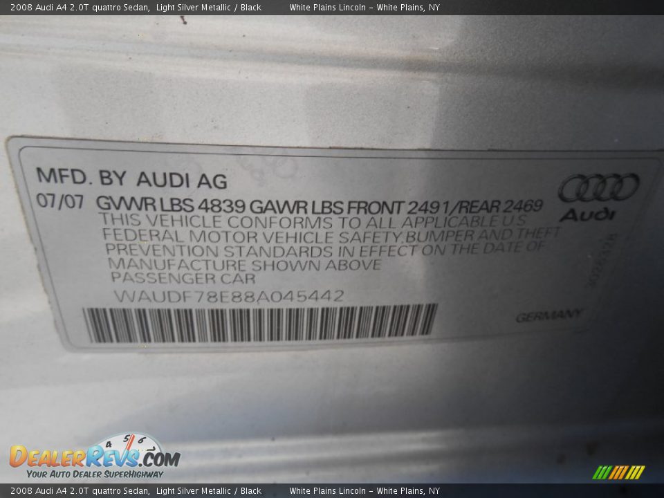 2008 Audi A4 2.0T quattro Sedan Light Silver Metallic / Black Photo #23