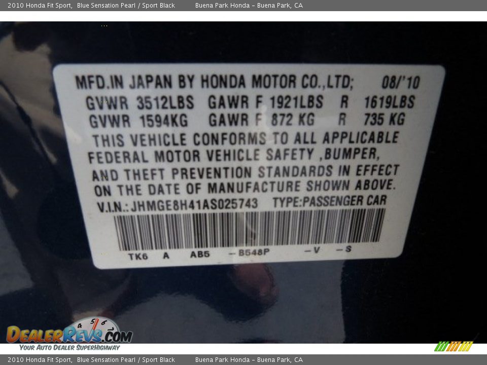 2010 Honda Fit Sport Blue Sensation Pearl / Sport Black Photo #9