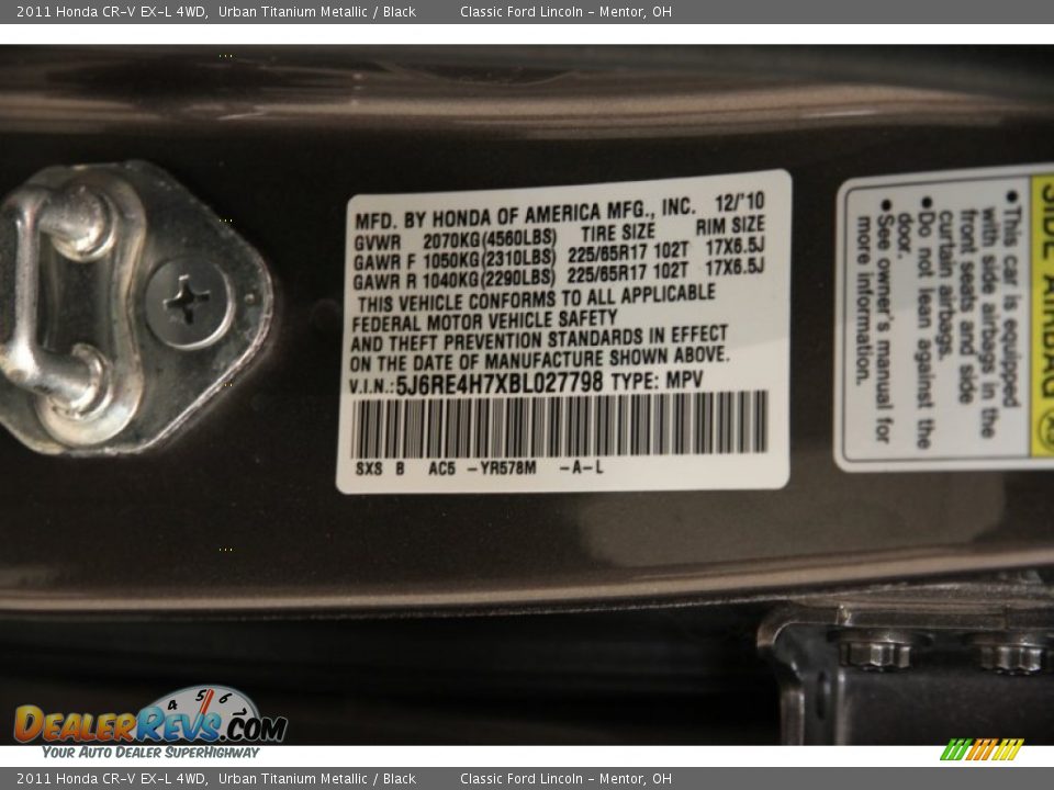2011 Honda CR-V EX-L 4WD Urban Titanium Metallic / Black Photo #21