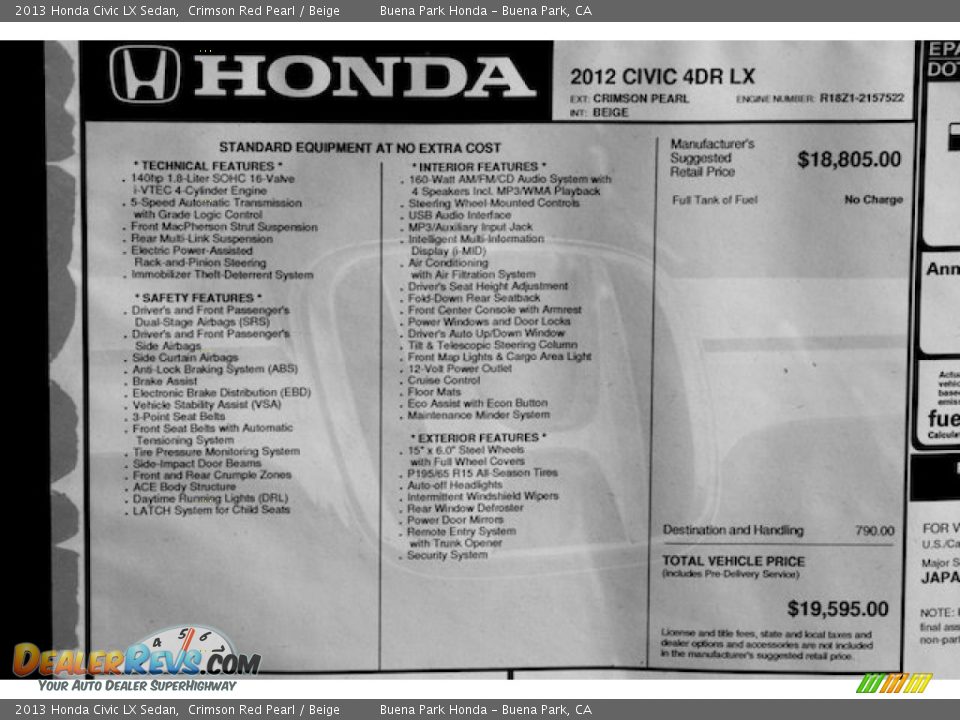 2013 Honda Civic LX Sedan Crimson Red Pearl / Beige Photo #16