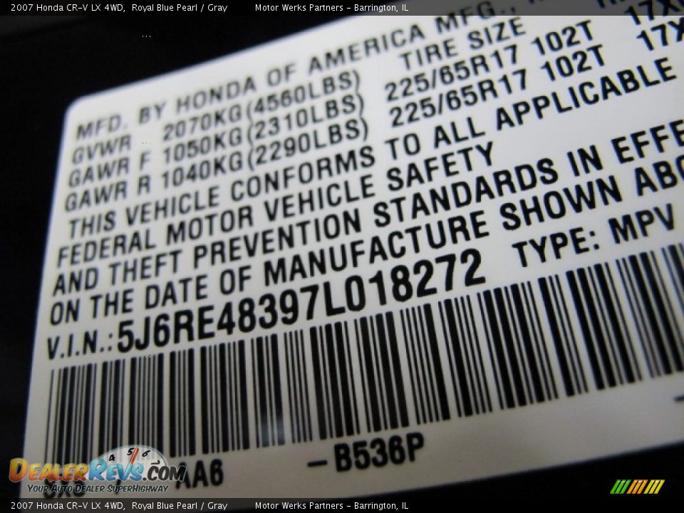 2007 Honda CR-V LX 4WD Royal Blue Pearl / Gray Photo #33