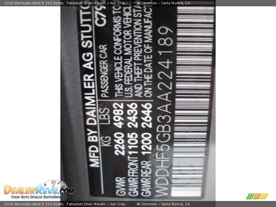 2010 Mercedes-Benz E 350 Sedan Palladium Silver Metallic / Ash Gray Photo #25