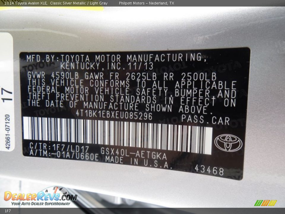 Toyota Color Code 1F7 Classic Silver Metallic