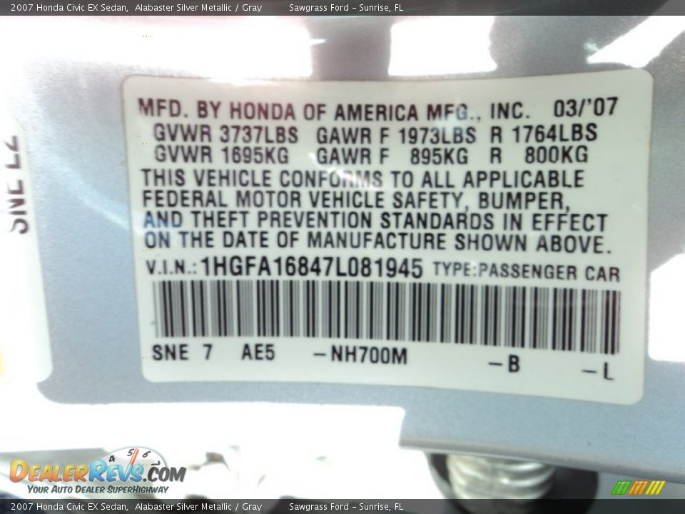 2007 Honda Civic EX Sedan Alabaster Silver Metallic / Gray Photo #34