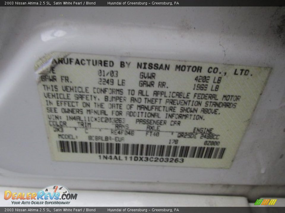 2003 Nissan Altima 2.5 SL Satin White Pearl / Blond Photo #24