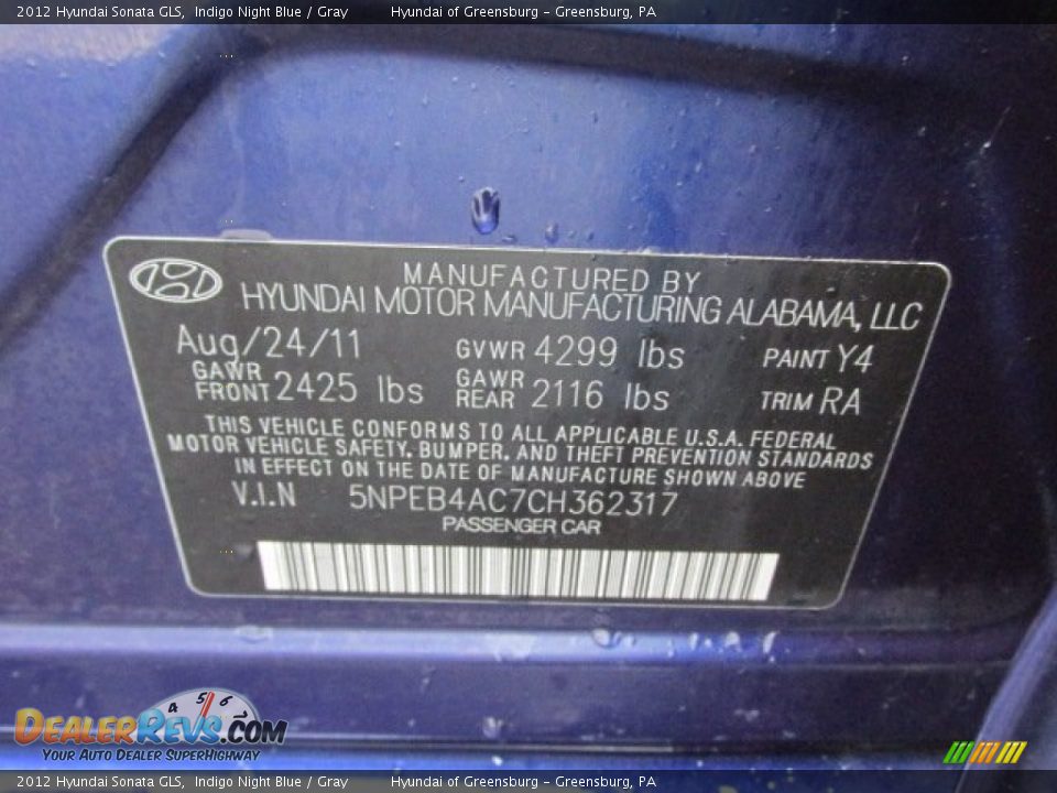 2012 Hyundai Sonata GLS Indigo Night Blue / Gray Photo #24
