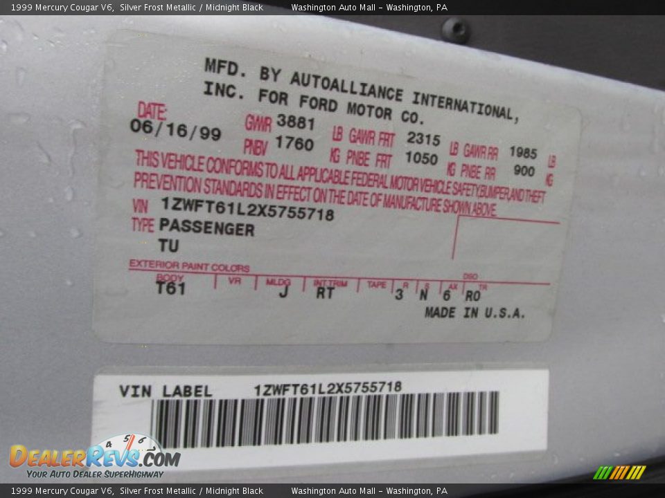 1999 Mercury Cougar V6 Silver Frost Metallic / Midnight Black Photo #19