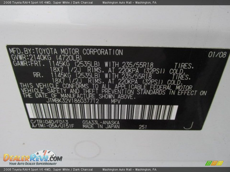 2008 Toyota RAV4 Sport V6 4WD Super White / Dark Charcoal Photo #19