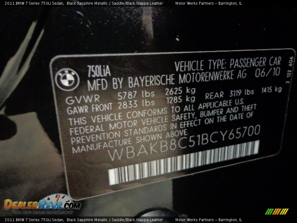 2011 BMW 7 Series 750Li Sedan Black Sapphire Metallic / Saddle/Black Nappa Leather Photo #16