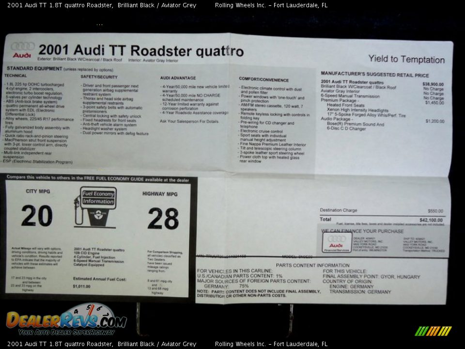 2001 Audi TT 1.8T quattro Roadster Window Sticker Photo #19