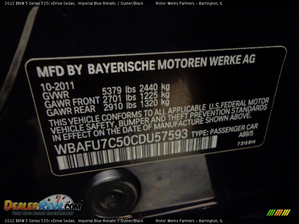2012 BMW 5 Series 535i xDrive Sedan Imperial Blue Metallic / Oyster/Black Photo #16