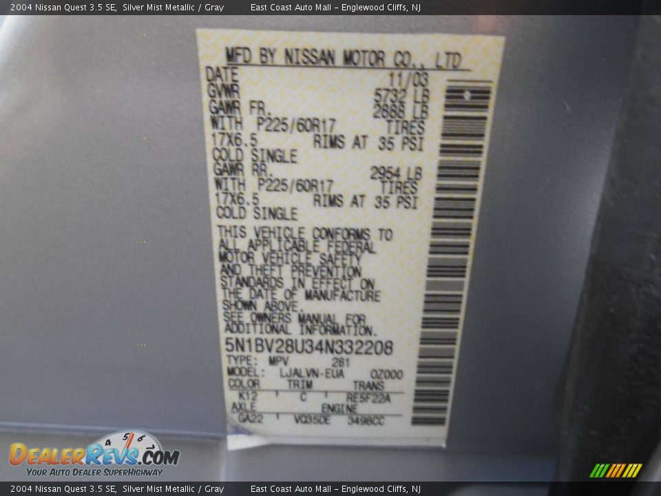 2004 Nissan Quest 3.5 SE Silver Mist Metallic / Gray Photo #17