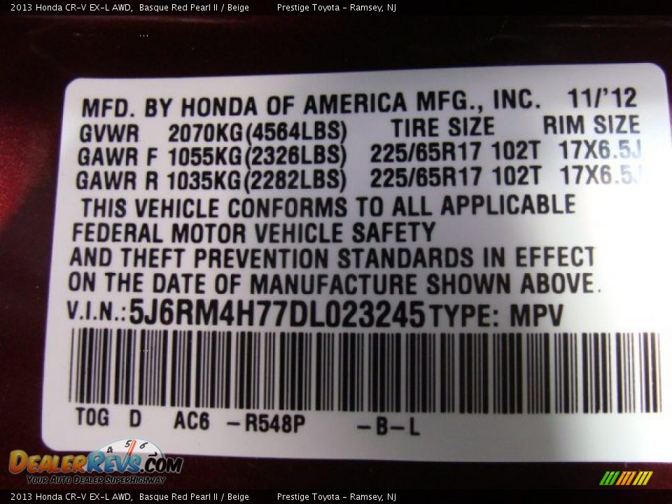 2013 Honda CR-V EX-L AWD Basque Red Pearl II / Beige Photo #15