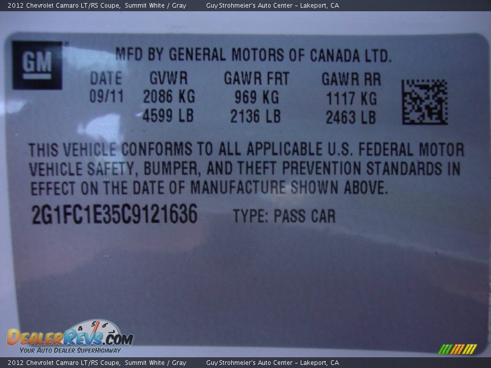 2012 Chevrolet Camaro LT/RS Coupe Summit White / Gray Photo #23