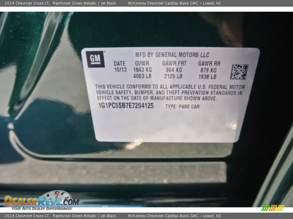 2014 Chevrolet Cruze LT Rainforest Green Metallic / Jet Black Photo #7